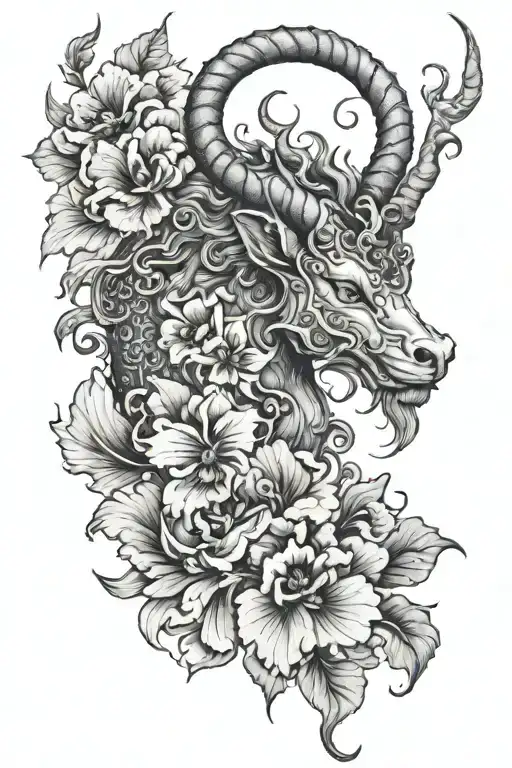 Qilin mix of dragon and goat, two pansy flower tattoo design idea