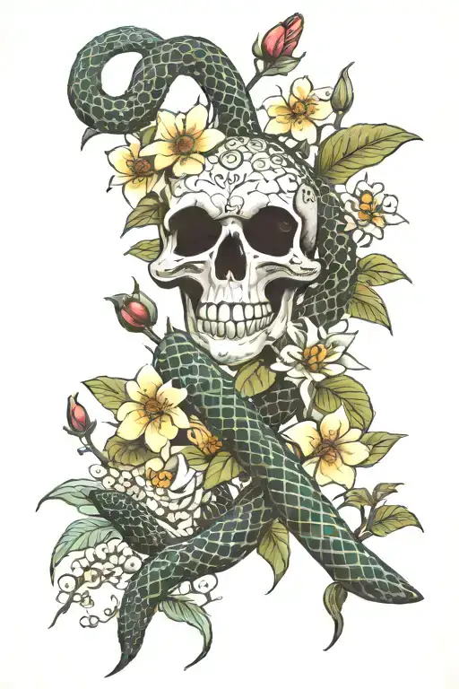 Wildflowers, dagger, venomous snake, forbidden apple tattoo design idea
