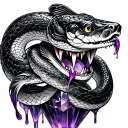 snake wrapped around a coi fish with purple venom dripping from fangs on to an amethyst crystal  tattoo design idea