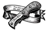 folding knife with passed away date and ribbon wrapped tattoo design idea
