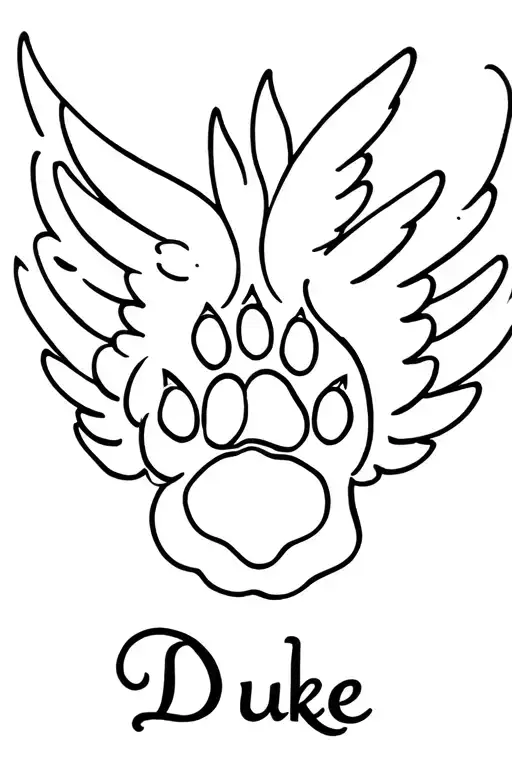 cat paw print with angel wings and the name Duke tattoo design idea