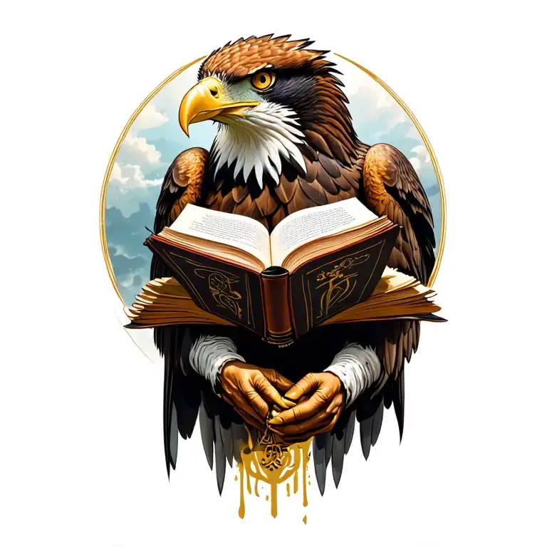 eagle holding open book surrounded tattoo design idea