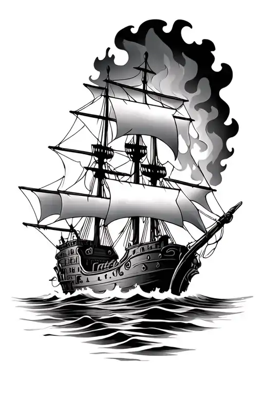 pirate ship on fire tattoo design idea