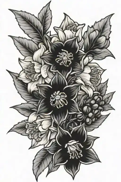 daffodil holly berry and violet bouquet tattoo design idea