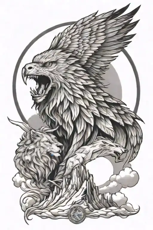 soaring eagle with lion and wolf howling at the moon tattoo design idea