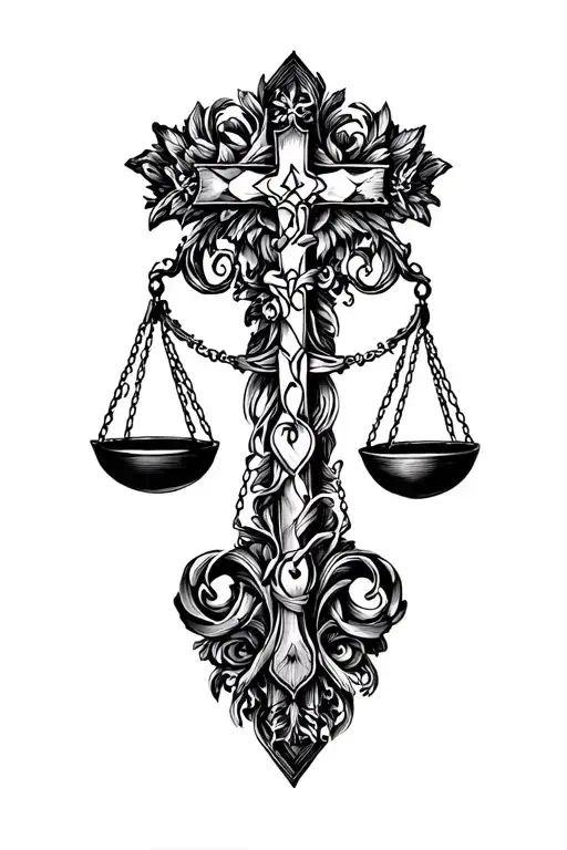  Cross and Balance Scale tattoo design idea