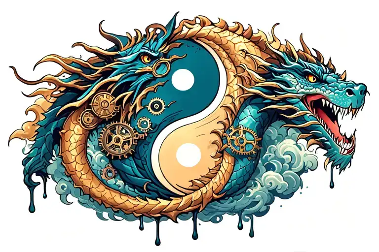 yin and yang dragons intertwined in the middle, steampunk, dripping clouds and gears, back to arms tattoo design idea