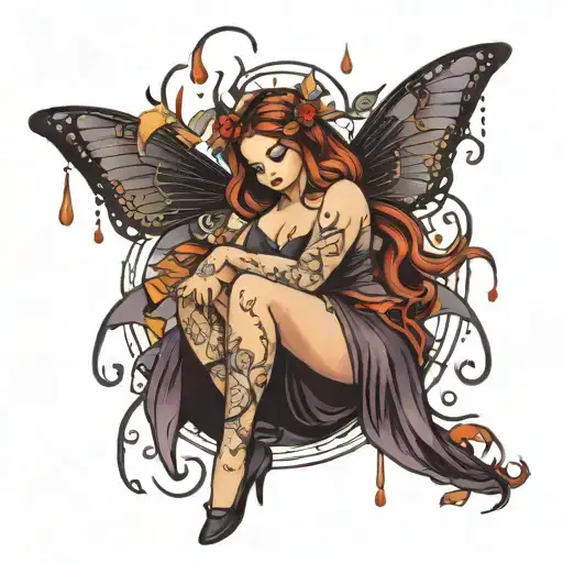 plus size dark fairy surrounded by rain tattoo design idea