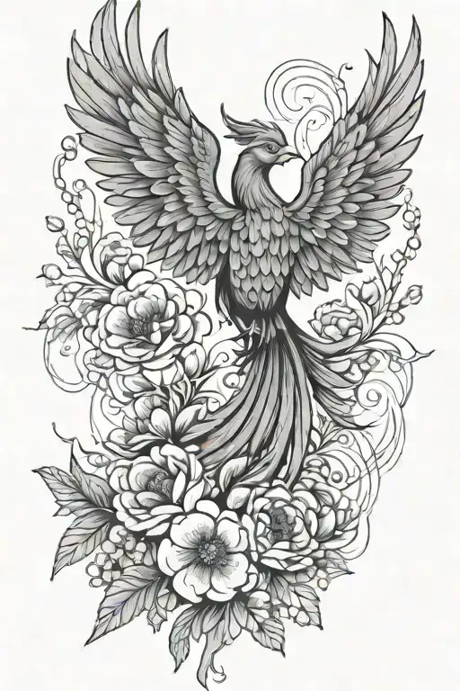fine line phoenix with Gemini symbol and June birth flowers tattoo design idea