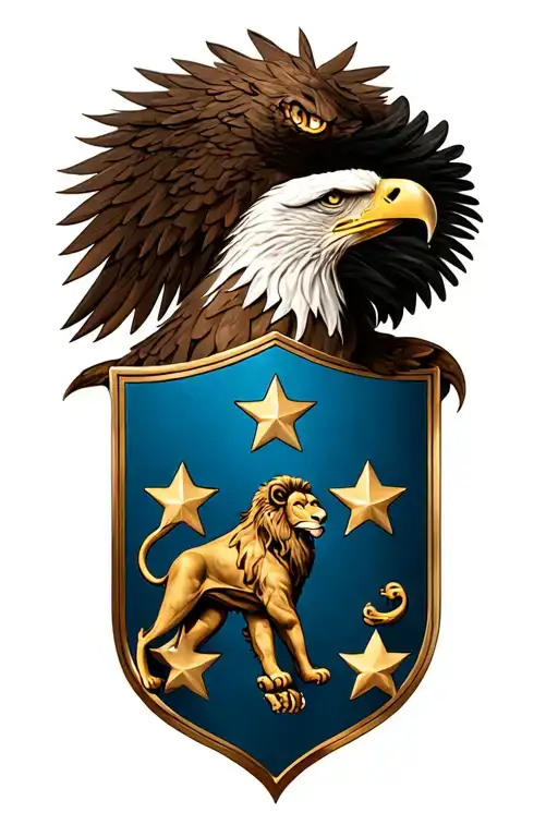 family shield with lion, eagle and 3 stars forming tattoo design idea
