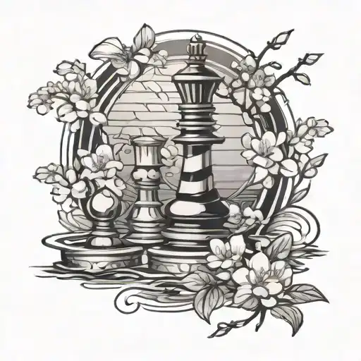 In the style of Japanese, a chess board in a swimming upstream with cherry blossoms as a tattoo on the leg. tattoo design idea