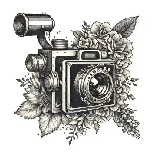 A vintage movie camera surrounded by a wreath of assorted flowers tattoo design idea