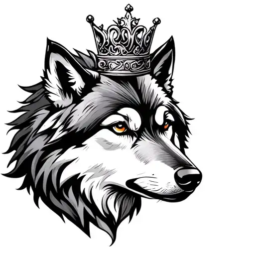 A black and white tattoo design featuring an alpha wolf with a crown on its head, symbolizing power and love. Include th tattoo design idea
