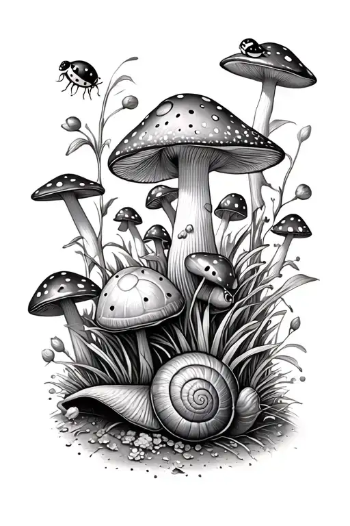 garden scene with ladybugs, roly polies, snails, and mushrooms tattoo design idea