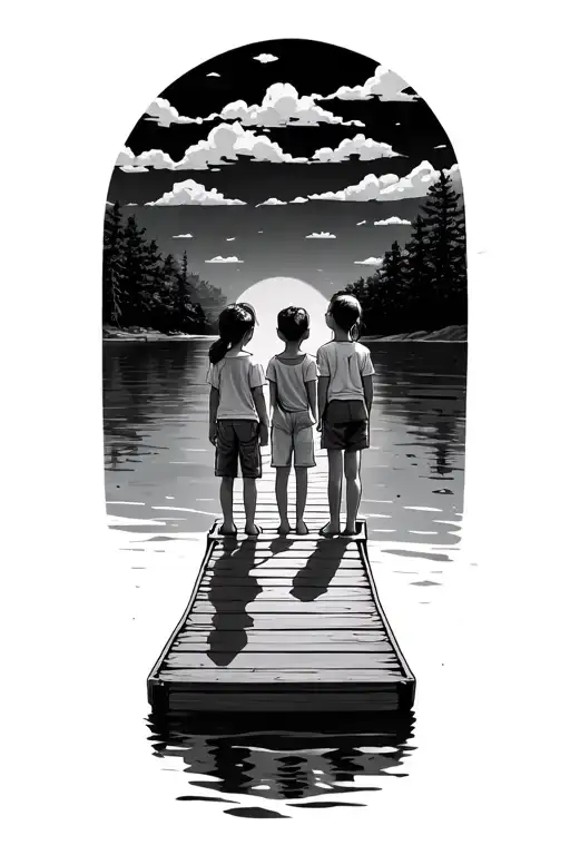 3 kids standing on dock extending into a serene one girl in the middle tattoo design idea