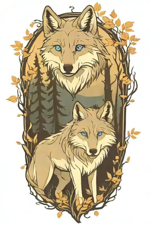 wolf blue eyes forest landscape tattoo design idea