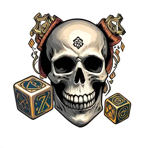 skull with dungeons and dragons dice placed inside mouth of skull tattoo design idea