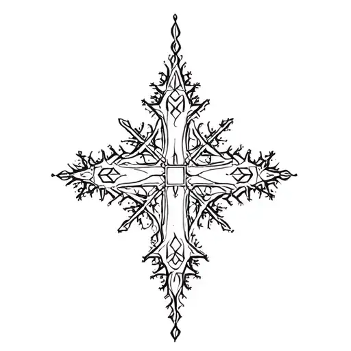 elaborate fractal Christian cross snowflake, geometric elements tattoo design idea