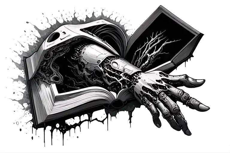 skin ripped bio mech with bible lines inside tattoo design idea