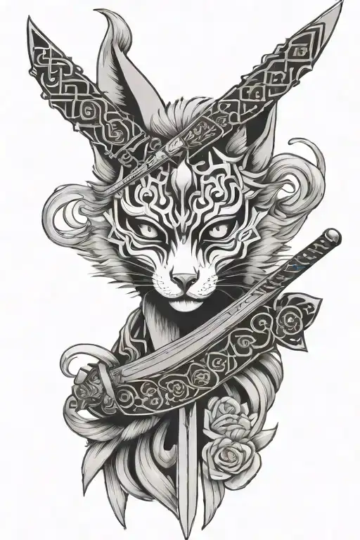 kitsune mask split in half with a cat samurai sword tattoo design idea
