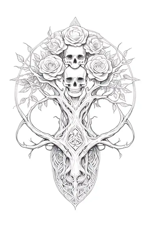 celtic world tree with roses skulls and ent goddess intertwined symbolizing couples interlocking love adjoined tattoo design idea