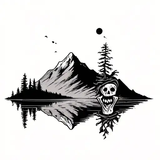 A silhouette of a mountain range reflecting in a tranquil lake with a hidden voodoo doll tattoo design idea
