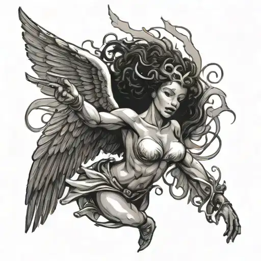 The angels are led by a black angel who has a thunderbolt in her hand and is swinging it tattoo design idea