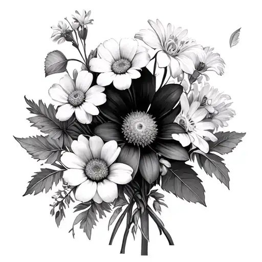 A bunch of flowers consisting of Daisy, Sweet Pea, Larkspur, Water Lilly, Morning Glory, Aster, Narcissus and Holly tattoo design idea