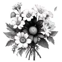 A bunch of flowers consisting of Daisy, Sweet Pea, Larkspur, Water Lilly, Morning Glory, Aster, Narcissus and Holly tattoo design idea