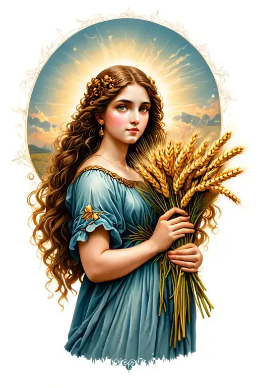Virgo wheat maiden holding a bouquet tattoo design idea
