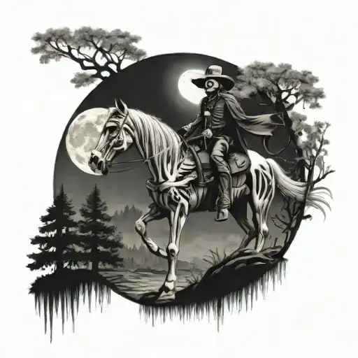 skeleton horse with cowboy grim reaper in a forest with a full moon tattoo design idea