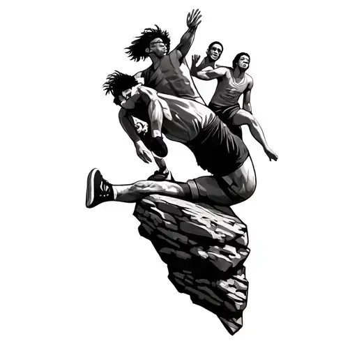 geometrical Tatoo of 20 year old with a mullet and pitvipers doing backflip off rock jumping with his friends and family tattoo design idea