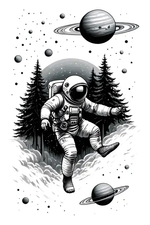 astronaut falling down to a forest with planets above him  tattoo design idea