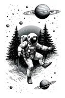 astronaut falling down to a forest with planets above him  tattoo design idea