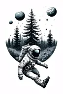 astronaut falling down to a forest with planets above him  tattoo design idea