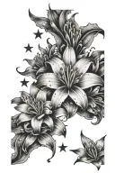 lillies and starburst mums with  little stars around it tattoo design idea