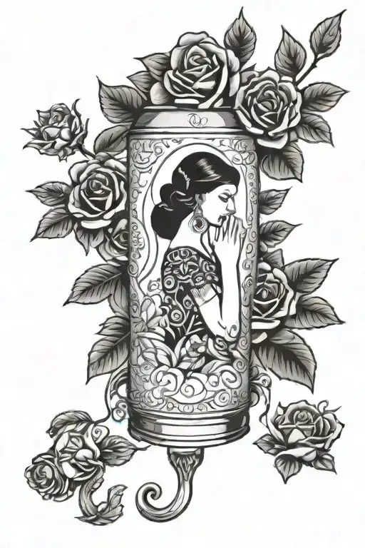 leg sleeve tattoo combining cookie tin, roses, praying hands, sweets, dancing, red dress, conway twitty, indians tattoo design idea