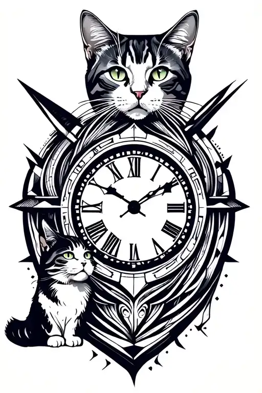 cat and father clock tower tattoo design idea