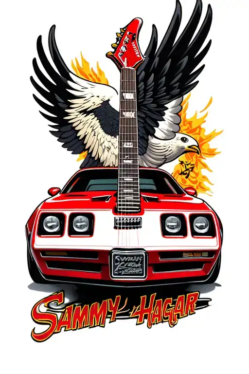 Red and white Sammy Hagar Avenger guitar at a 45 degree angle behind a 1976 Pontiac Trans Am hood bird. tattoo design idea