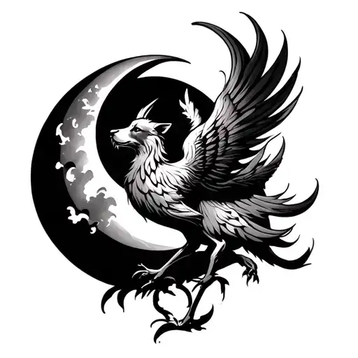 Phoenix Tattoo with Moon and dog bone tattoo design idea