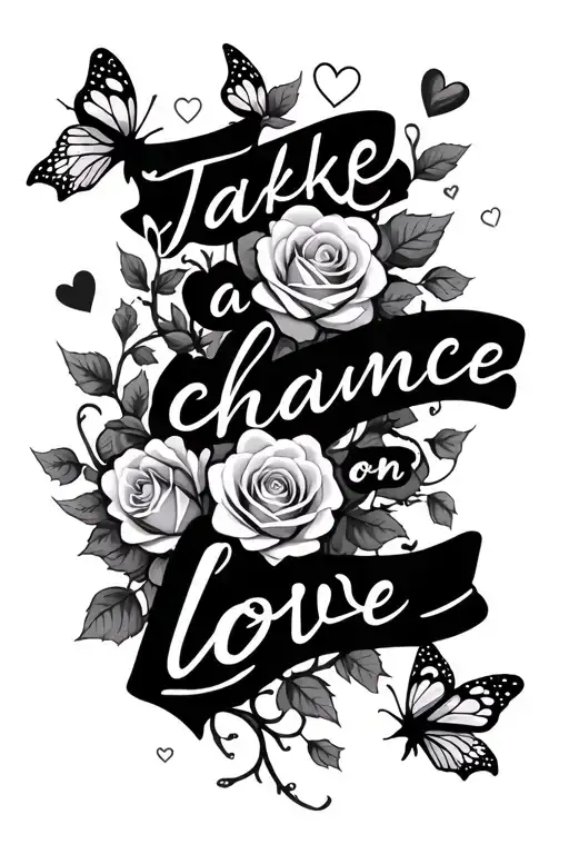 "take a chance on love" roses and hearts and vines and butter fly tattoo design idea