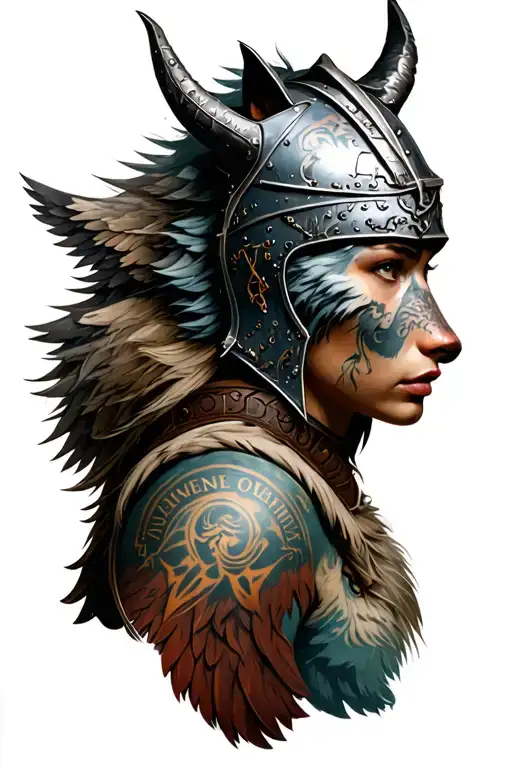 Valquiria Viking with a warrior look, with a wolf on her helmet and the bottom wings and the word memento tattoo design idea
