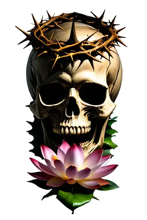 Realistic Skull with mouth open, wearing a crown of thorns, with a lotus flower beneath it tattoo design idea