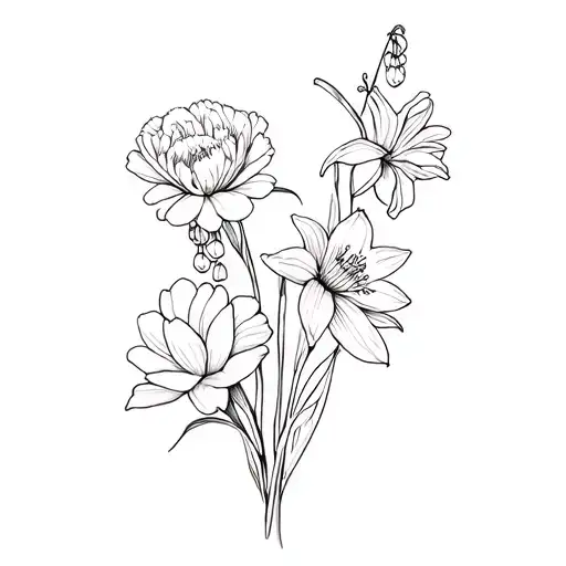 black & white fine line tattoo with: Carnation, daffodil, lily of the valley, water lily, gladiolus, aster, chrysantemum tattoo design idea