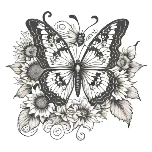 butterfly that is half butterfly with its wing and half sunflowers, that are joined tattoo design idea