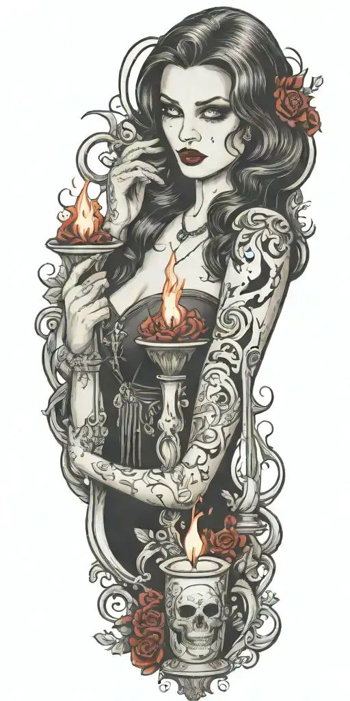 multiple vampire blood women candle burning cemetary tattoo design idea