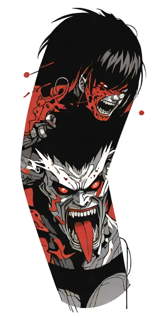 Anime character standing screaming wearing oni mask fighting off inner demons drowning tattoo design idea