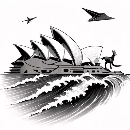 Sydney Opera House emerging from a flowing wave which transitioning into a kangaroo and a paper airplane flying above tattoo design idea