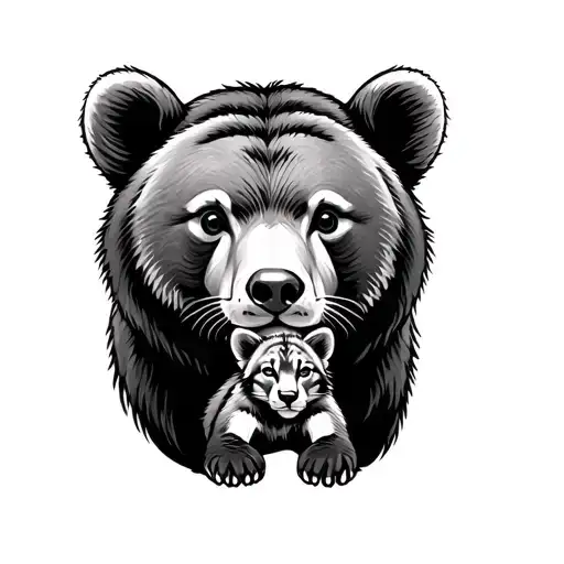 design a tattoo with a mama bear protecting a baby cub with the pride colors on the baby cub. tattoo design idea