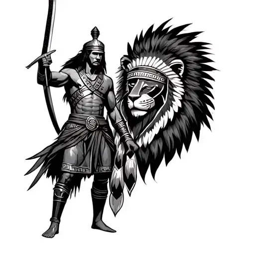 Standing gladiator with sword in hand with the face of a Native American man taking off a lion mask tattoo design idea